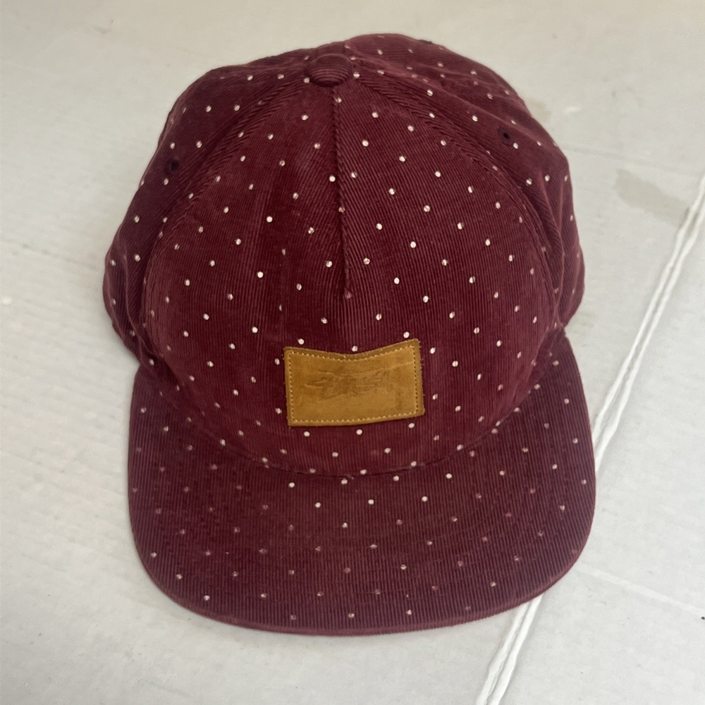 Stussy Burgundy Polka Dot Corduroy 5-Panel Hat with Tan Patch